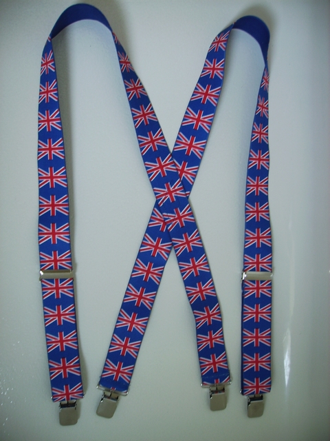 UNITED KINGDOM 1 1/2"X48" Suspenders with 4 strong 1"x 1" Grips and 2 Length Adjusters in the front, all in Stainless Steel. Entirely Stretchable Hand Washable and Hang to Dry Cotton/Polyester Material.          UB220N48UK#1